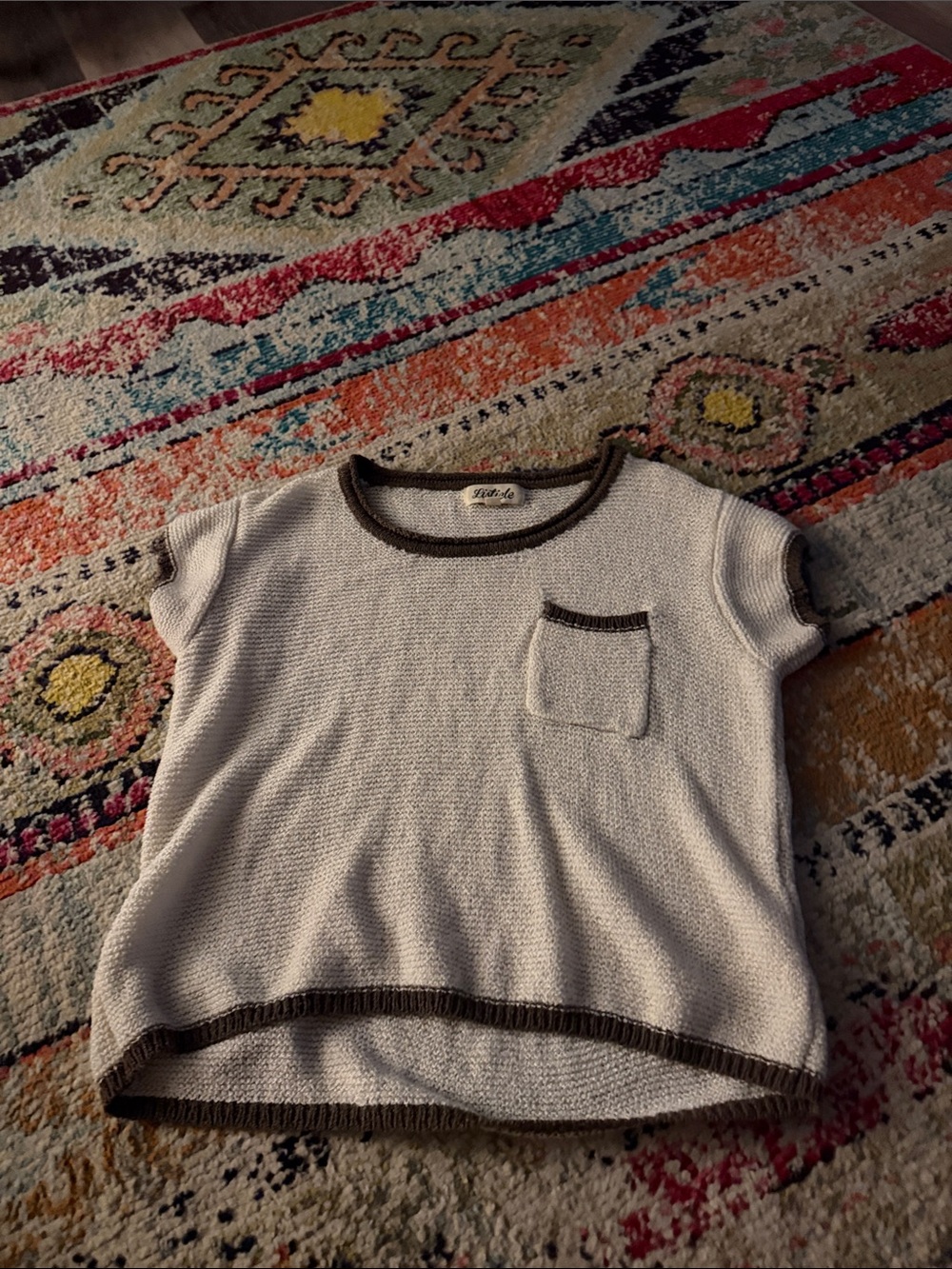 Listicle Cream Knit Short Sleeve Top with Brown Trim